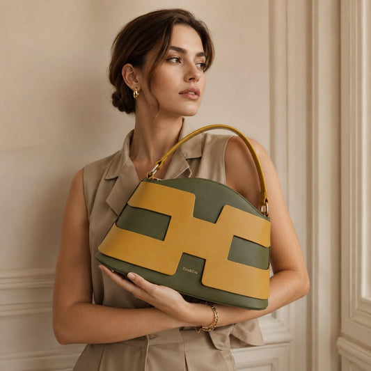Sac à Main Femme en Cuir TOM & EVA – Bicolore Kaki et Moutarde #TE1031