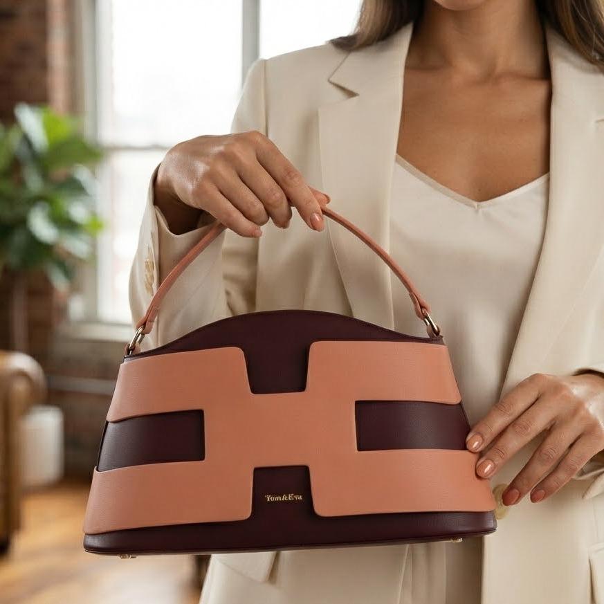 Sac à Main Femme en Cuir TOM & EVA – Bicolore Bordeaux et Rose Poudré #TE1028