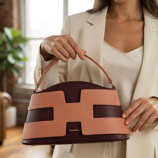 Sac à Main Femme en Cuir TOM & EVA – Bicolore Bordeaux et Rose Poudré #TE1028